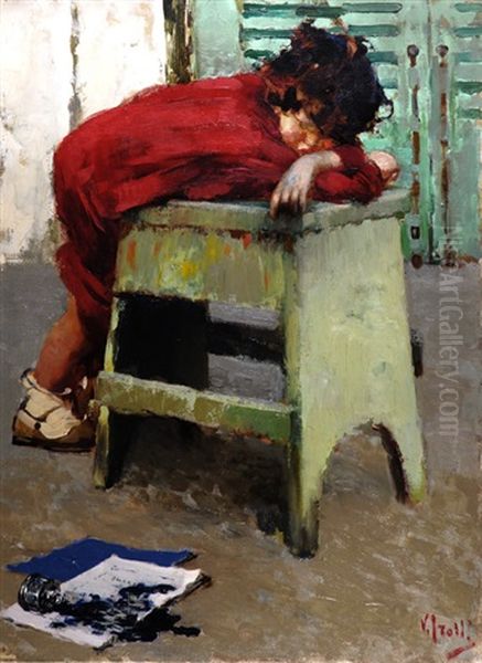 Bambina Con Calamaio Oil Painting by Irolli Vincenzo