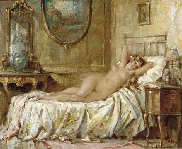 A Reclining Nude On A Bed Oil Painting by Irolli Vincenzo