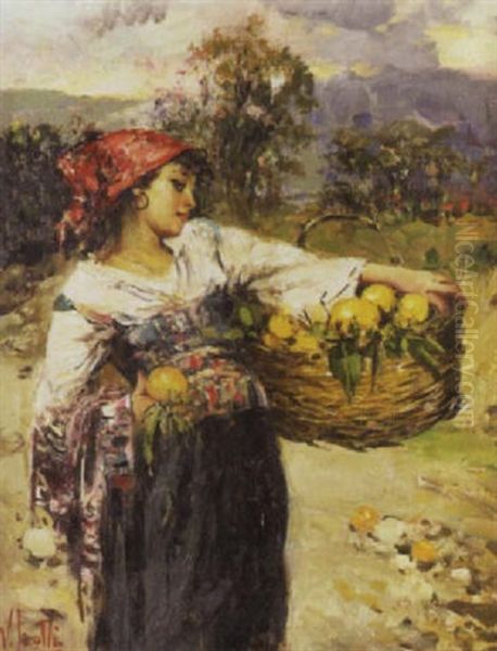 An Italian Peasant Girl With A Basket Of Oranges Oil Painting by Irolli Vincenzo