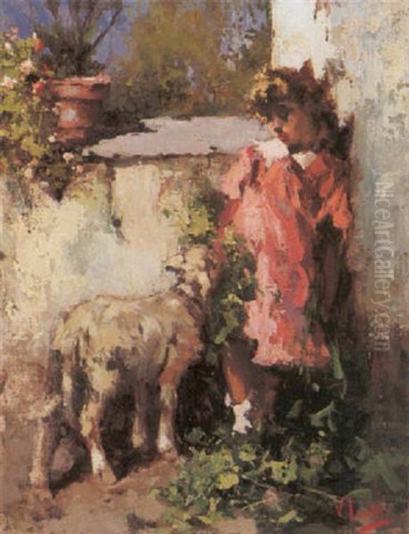 Bambina Con Agnellino Oil Painting by Irolli Vincenzo