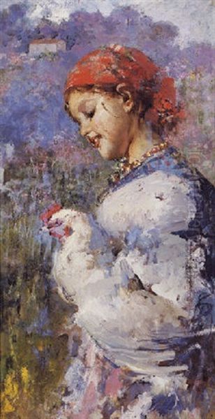 Young Girl With Chicken Oil Painting by Irolli Vincenzo