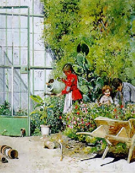 Vor Einem Gewachshaus Werden Blumen Gepflegt Und Gegossen Oil Painting by Irolli Vincenzo