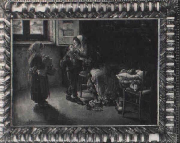 Interior Farmhouse Scene Of A Woman And Children Oil Painting by Irolli Vincenzo