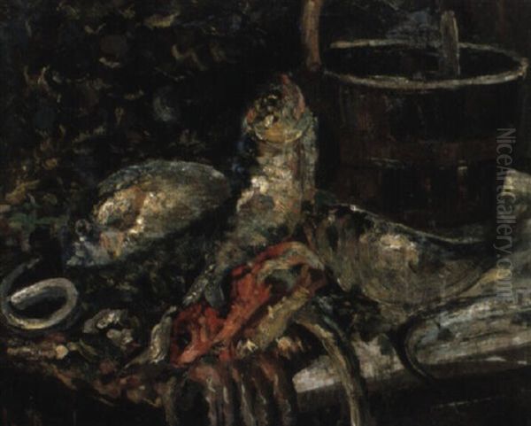 Still Life Of Fish And A Wooden Bucket Oil Painting by Irolli Vincenzo