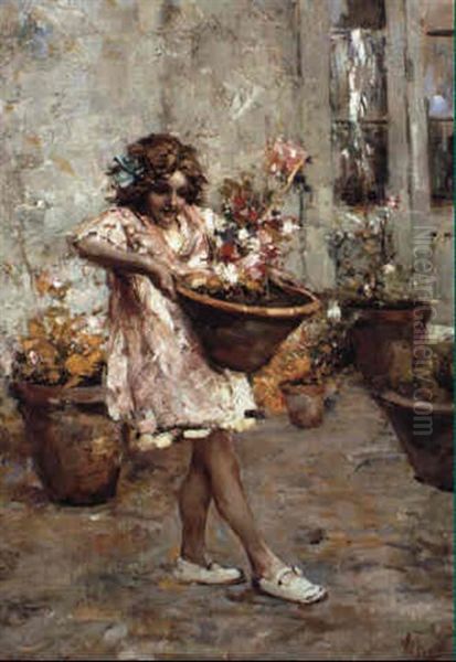 Ritratto Di Bambina Con Vaso Di Fiori Oil Painting by Irolli Vincenzo