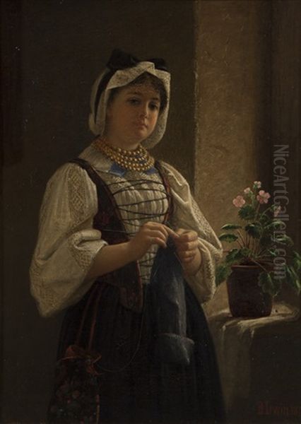 Untitled (portrait Of A Girl Knitting) Oil Painting by Benoni Irwin