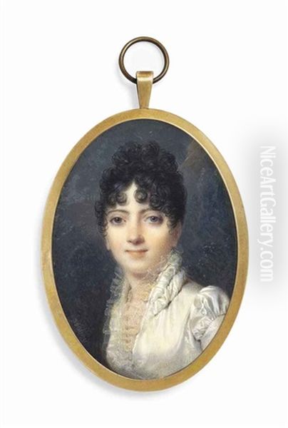 A Young Lady, In Lace-bordered White Silk Dress With Capped Sleeves And A Young Gentleman, In Blue Coat, White Waistcoat (2 Works) Oil Painting by Jean-Baptiste Isabey