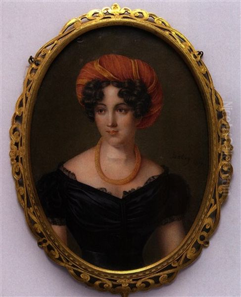 Portrait Einer Bildschonen Aristokratin Im Schwarzen Taftkleid Und Mit Rotem Turban Oil Painting by Jean-Baptiste Isabey