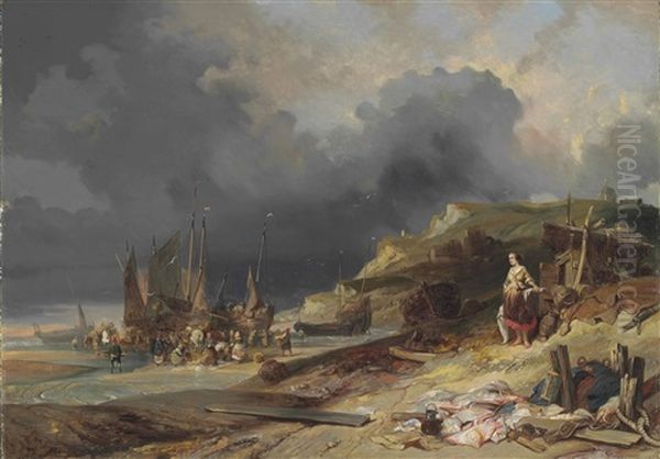 Scene De Plage, Pecheurs Dechargeant Leurs Bateaux Oil Painting by Louis-Gabriel-Eugene Isabey