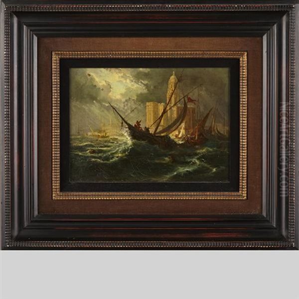 Ships In Stormy Waters Oil Painting by Louis-Gabriel-Eugene Isabey