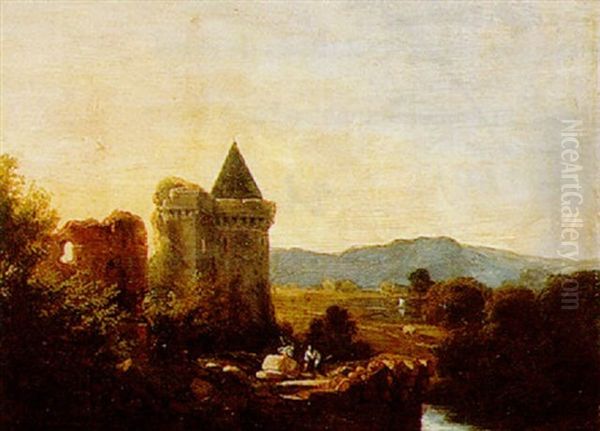 Chateau Medieval En Ruines Au Bord D'un Fleuve Oil Painting by Louis-Gabriel-Eugene Isabey