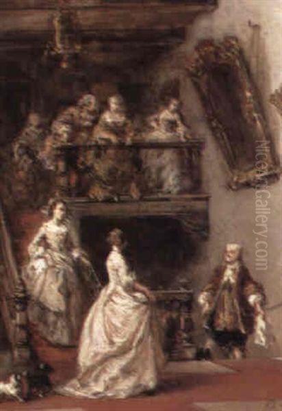 An Eighteenth Century Interior With Elegant Figures On A Staircase Oil Painting by Louis-Gabriel-Eugene Isabey