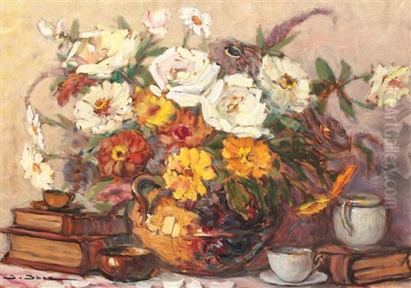 Still Life With Books And Daisies Oil Painting by Joan Isac