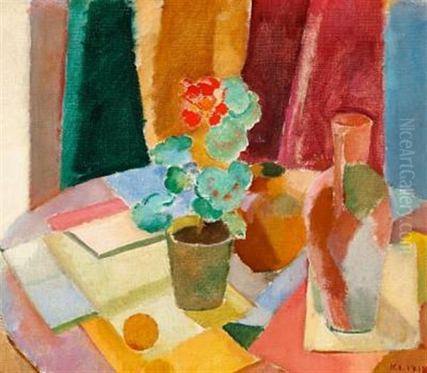 Still Life With A Geranium Oil Painting by Karl Isakson