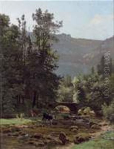 Vaches Sous Un Pont Oil Painting by Emile Isembart