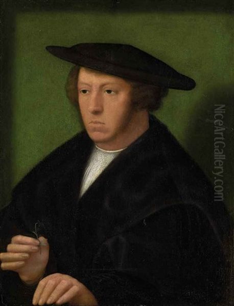 Portrait Of A Gentleman In A Fur-lined Black Mantle And Hat, A Flower In His Right Hand Oil Painting by Adriaen Isenbrant