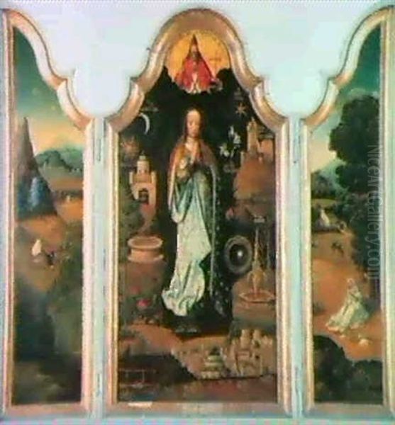 A Triptych-centre Panel: The Virgin With Symbols Of The     Immaculate Conception; On The Wings: The Flight Into Egypt.. Oil Painting by Adriaen Isenbrant