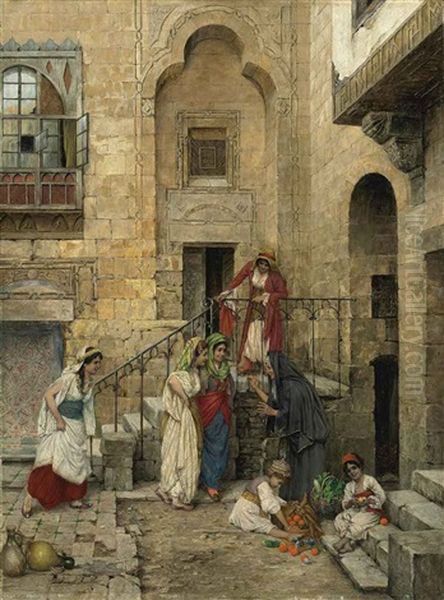 Arab Women In A Courtyard Oil Painting by Daniel Israel