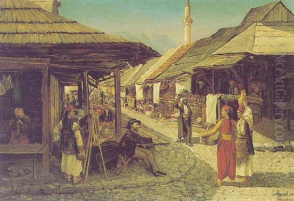 Painting In The Marketplace Oil Painting by Daniel Israel