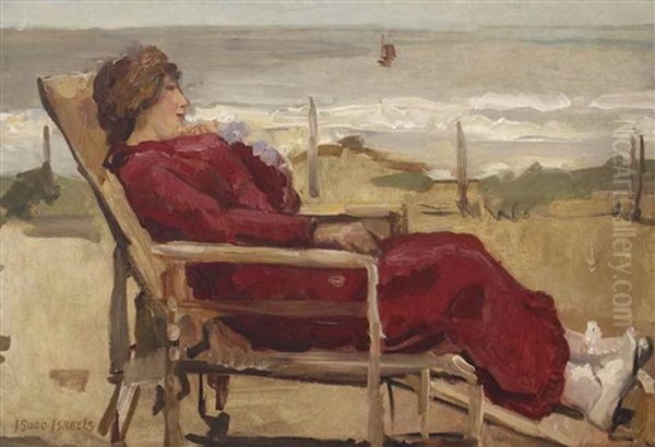 A Lady In Red In A Beachchair, Scheveningen Oil Painting by Isaac Lazarus Israels