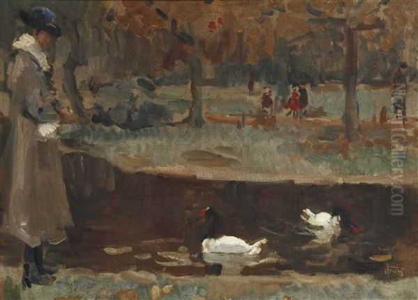 Feeding The Swans In The Zoo, The Hague Oil Painting by Isaac Lazarus Israels