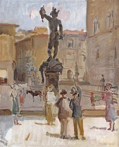 Ancient Beauty: Visitors At The Piazza Della Signoria, Florence Oil Painting by Isaac Lazarus Israels