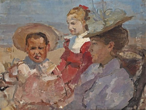 Andrea And Jan De Bloeme With Their Governess, Scheveningen Oil Painting by Isaac Lazarus Israels