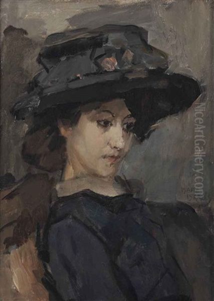 Jonge Vrouw Met Hoed: A Young Lady With A Black Hat Oil Painting by Isaac Lazarus Israels