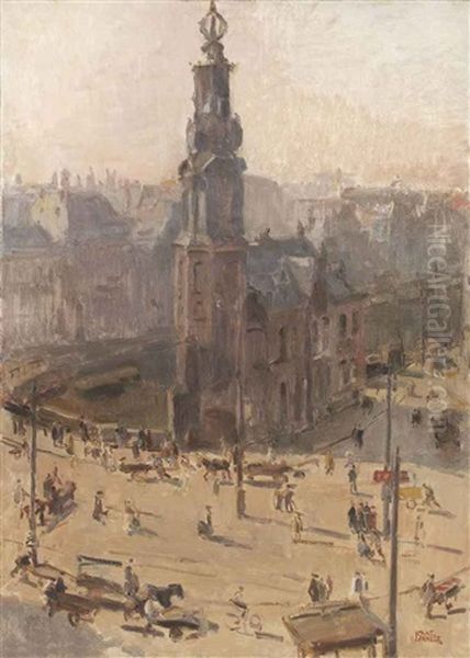 View Of The Munttower In Winter, Amsterdam Oil Painting by Isaac Lazarus Israels