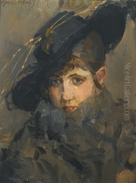 A Lady In A Hat With A Fur Collar Oil Painting by Isaac Lazarus Israels