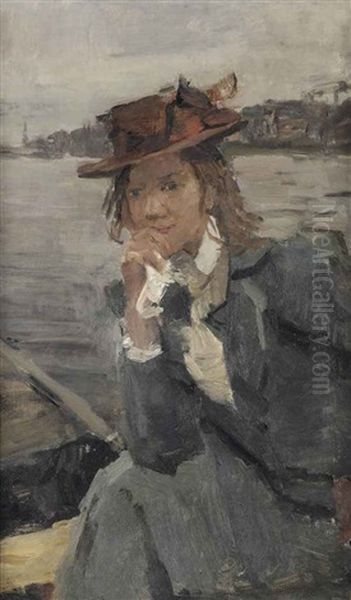 Lady With A Red Hat On The River Thames, London Oil Painting by Isaac Lazarus Israels