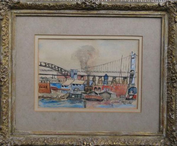 Suspension Bridge With Buildings And River In Foreground Oil Painting by Gray Bartlett