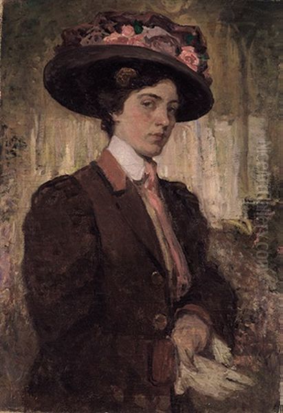 Portrait Einer Jungen, Hubschen Frau Mit Grosem Blutenbesetzten Hut Und Rotbrauner Jacke Oil Painting by Isaac Lazarus Israels