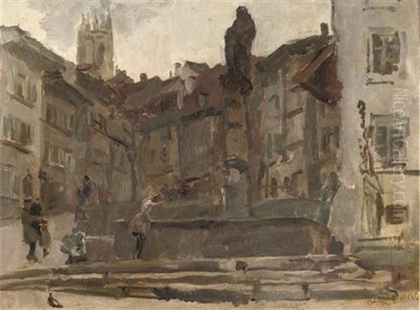 The Fontain St. Anne In Fribourg, Switzerland Oil Painting by Isaac Lazarus Israels