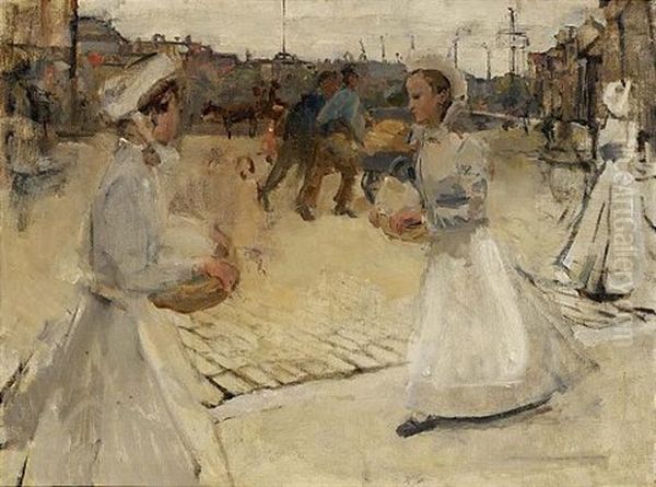 Meisjes Op De Munt (servant Girls On The Muntplein, Amsterdam) Oil Painting by Isaac Lazarus Israels
