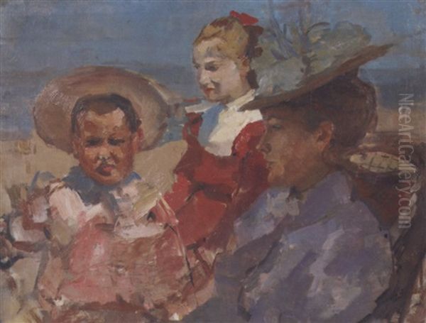 Aan Het Strand: A Governess With Two Children On The Beach, Scheveningen Oil Painting by Isaac Lazarus Israels
