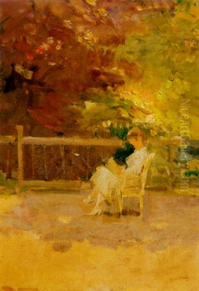 A Woman Reading On The Balcony Of Isaac Israels' Studio On The Koninginnegracht, The Hague Oil Painting by Isaac Lazarus Israels