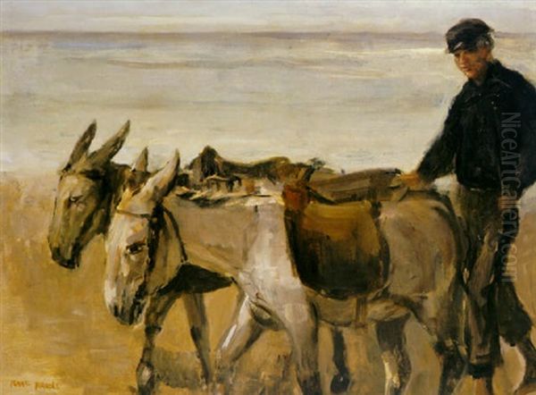 A Donkey Driver With Donkeys On Scheveningen Beach Oil Painting by Isaac Lazarus Israels