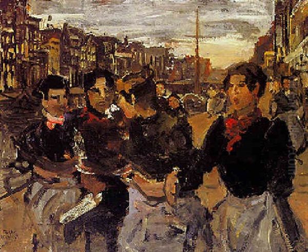 Four Girls On The Prinsengracht Oil Painting by Isaac Lazarus Israels