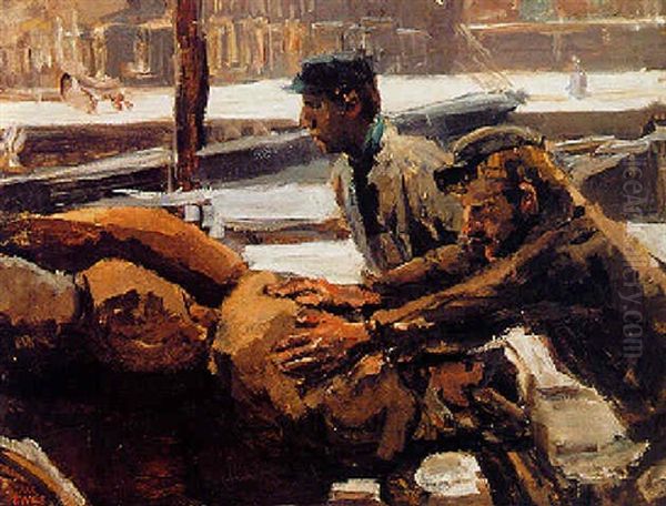 Men Pushing A Cart On The Prinsengracht, Amsterdam Oil Painting by Isaac Lazarus Israels