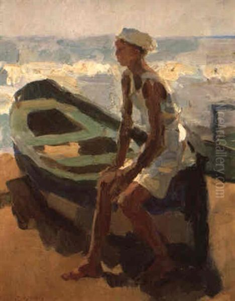 Seated Boy In A Boat By The Beach Oil Painting by Isaac Lazarus Israels