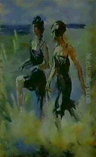 Two Girls Running Through The Breakers Oil Painting by Isaac Lazarus Israels