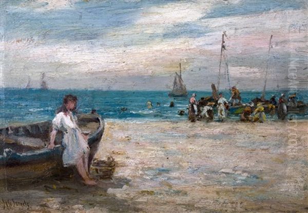 Beachscape With Fishermen Oil Painting by Jozef Israels