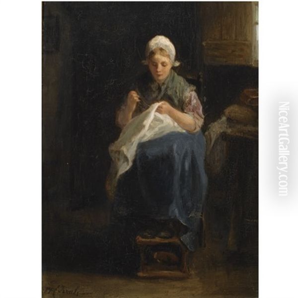 A Peasant Girl Sewing Oil Painting by Jozef Israels