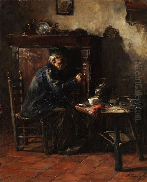 Alter Hollandischer Mann Mit Kappe, Blauem Kittel Und Holzschuhen An Einem Tisch Mit Teekessel Oil Painting by Jozef Israels