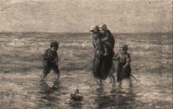 Children Playing At The Beach Oil Painting by Jozef Israels