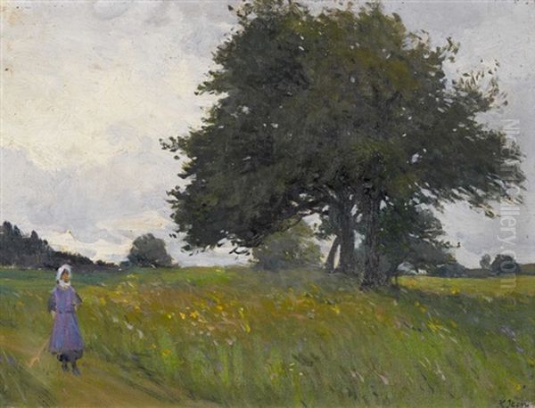 Wiesenlandschaft Mit Bauerin Oil Painting by Hans (Jean) Iten