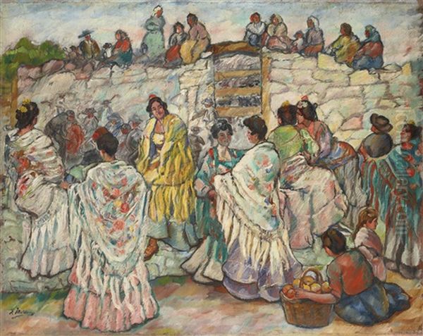 Manolas Outside The Bullring Oil Painting by Francisco Iturrino Gonzalez