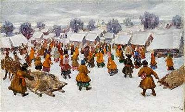 Scene Of Life Outside A Snow-covered Village In Relation To A Feast Oil Painting by Sergei Ivanov