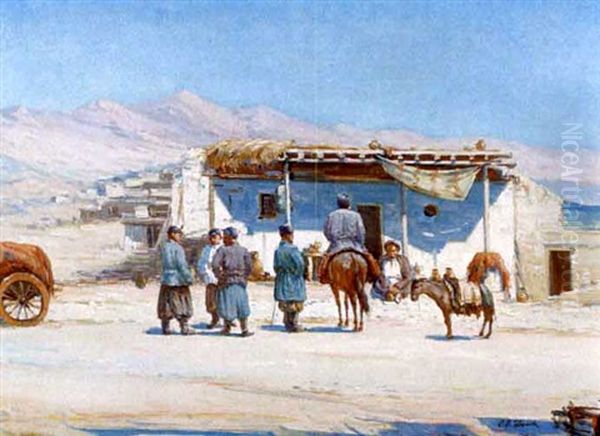 Tea Room, Turkestan Oil Painting by Sergei Ivanov